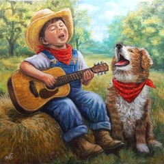 Cowboy Boy Guitar Dog Country Music Humor Original Acrylic Painting Wall Art