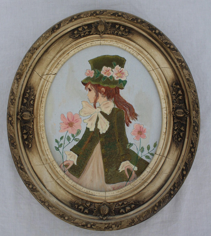 V. McK Girl In Green Hat Portrait Painting Original Signed Framed Folk Art