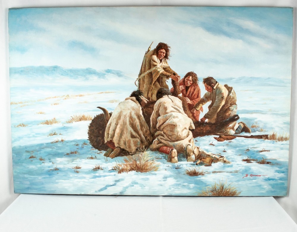 Grandpa Vintage ALASKA Eskimo Hunting Wildlife Scene Oil Painting 36″W x 24″L