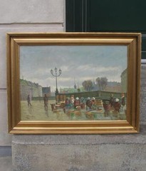 Fine oil. A rainy day at the Fish market in Copenhagen. 1930s. Signed.