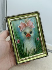 Duckling Original Oil Painting 4×6 Framed Signed Cute Baby Duck Pink Bow Art