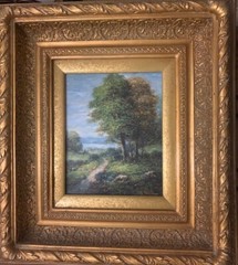 VTG Signed Summer Landscape Trees Lake Mtns Canvas Frame 20.5”T 18 3/8”W 3.75”D