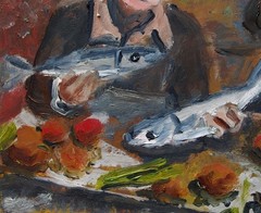 A generous man & two fishes fun modern portrait 8×8″ still life oil painting art