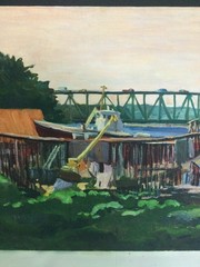 Jean Fowler 1924-2015 (Bar Harbor, Maine) Orig. Oil Canvas- Lobster Boats Bridge