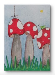 ACEO ATC Mushroom Nature Acrylic Painting and Colored Pencil by Charlene Slie