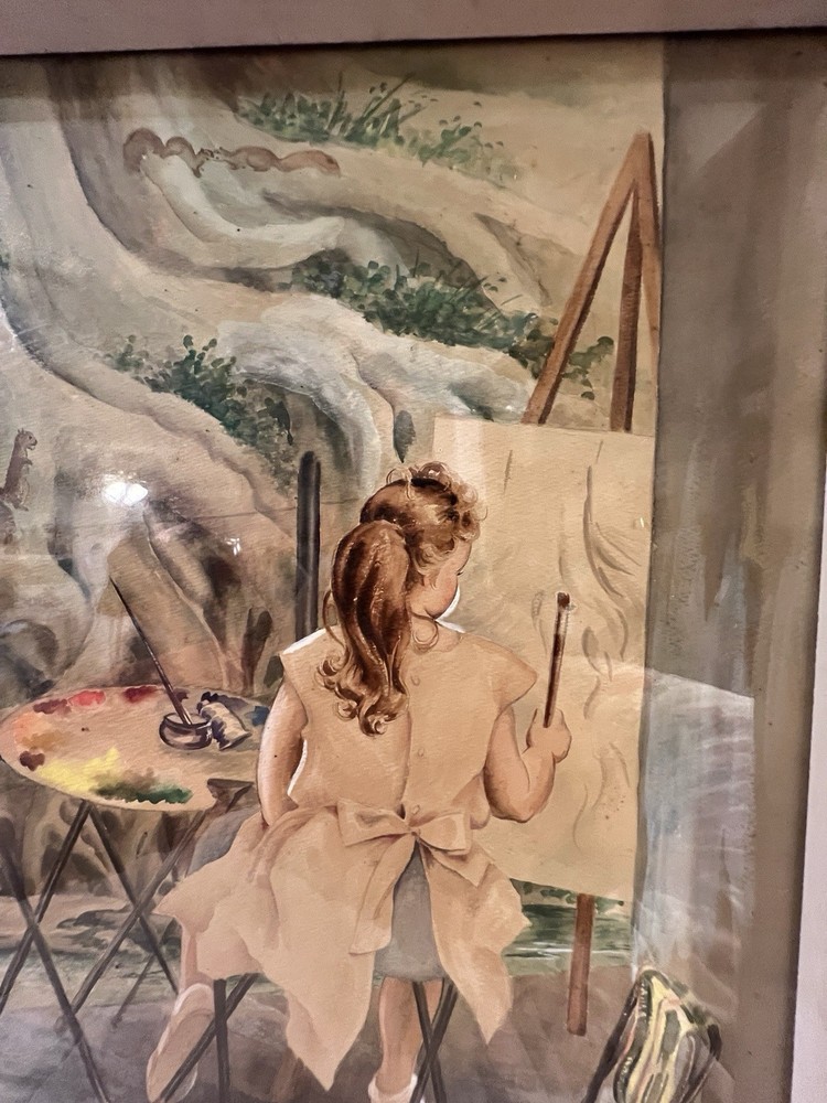 VTG 40s 50s Watercolor Cajun Girl Child Painting Louisiana Bayou By CECILE LAMB