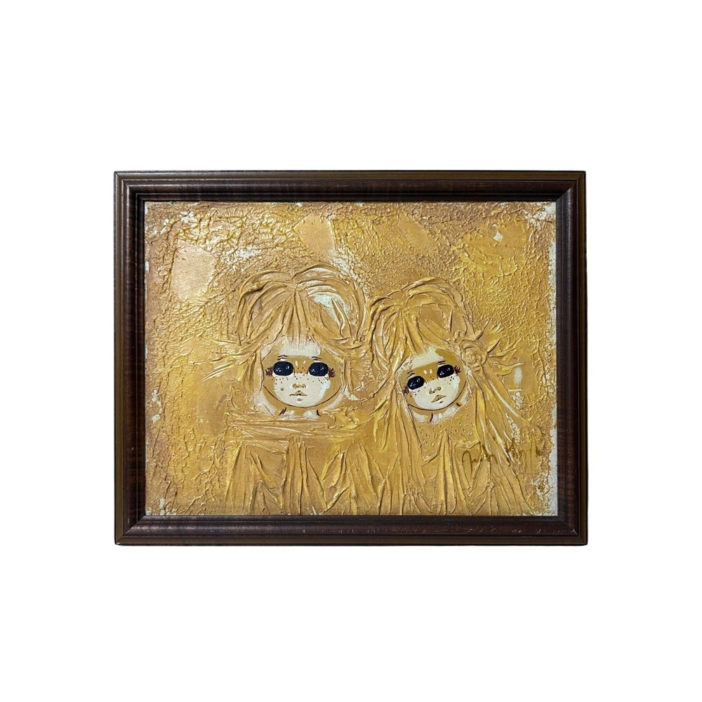 Vintage Big Eye Children Waif Textured Canvas Painting Mid Century Impasto