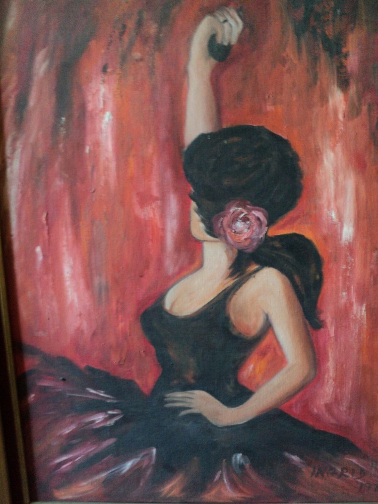 Original Oil Painting Young Latin Lady Dancer by INGRID in 1973 25×31″