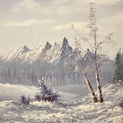 Framed Oil Painting Winter Mountain Landscape with Trees and Snow on Canvas