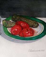 paintingwatercolorstilllifegiftpickledcucumbersandtomatoesonaplateaglasshandmade