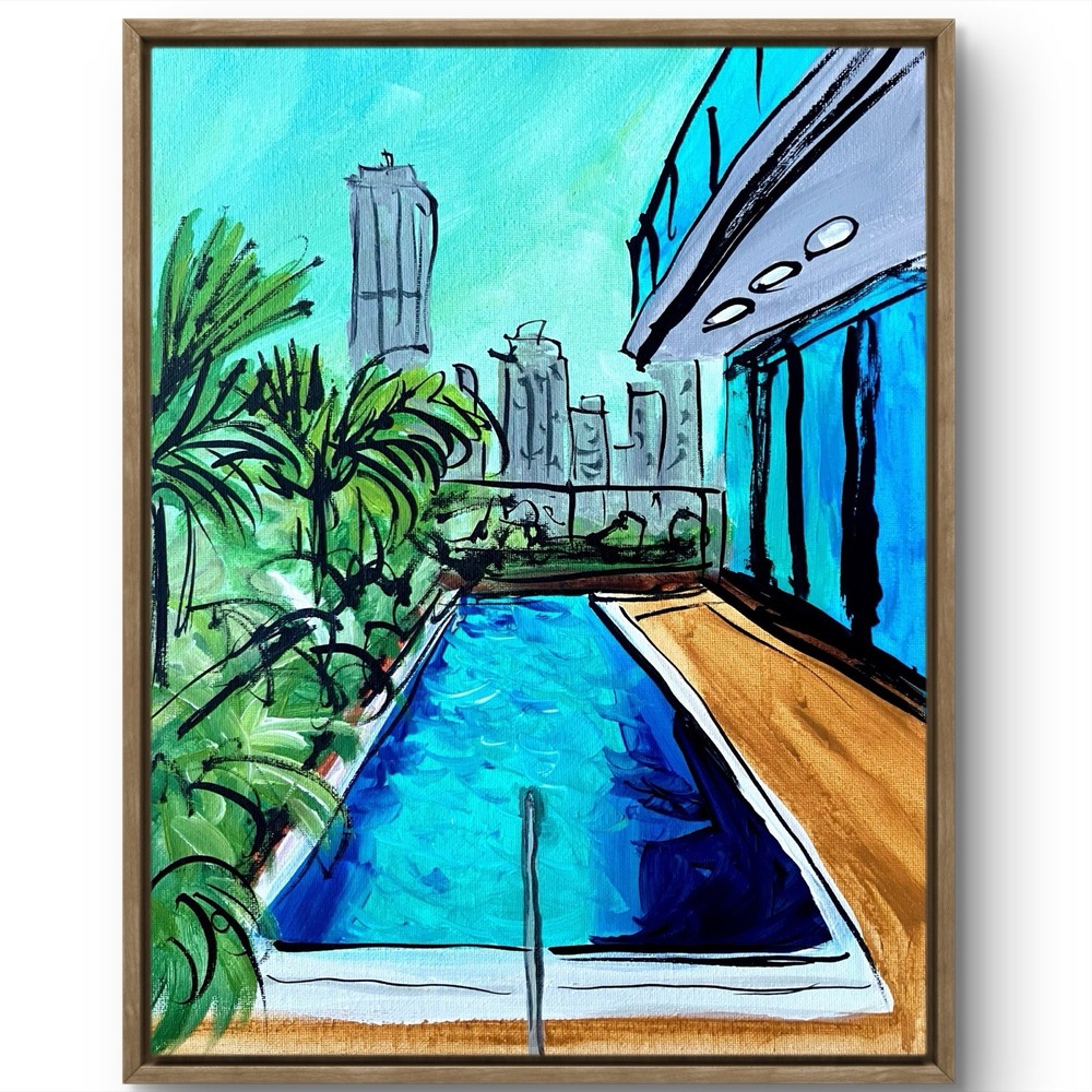 TITA PAINTZ Rooftop Pool Cityscape Original Abstract 11×14 Canvas Wall Art