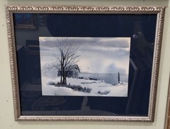 Snowy Seaside Landscape Original Watercolor Painting Signed Matted Framed
