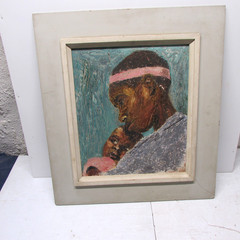 mid century painting of african american mother and child