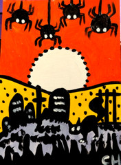 ACEO ORIGINAL CAT „SPOOKY CEMETERY“ Acrylic BY CARMEN HYLTON