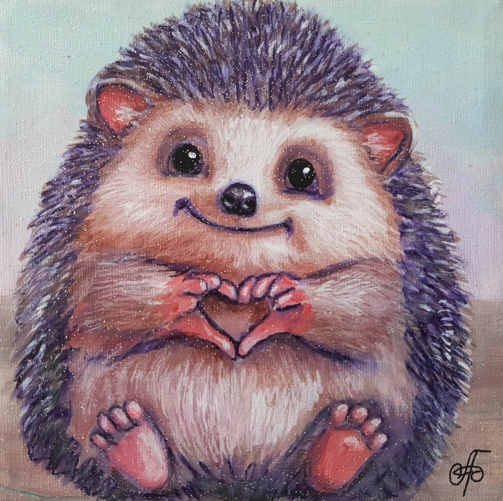 Original Acrylic Painting Cute Hedgehog Heart Love Small Hand Painted Canvas Art