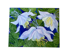 PAINTING WATERCOLOR ART COLUMBINE FLOWER BLUE PURPLE LAVENDER 11X14 & MAT 16X20