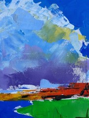 Expressionist Neru Abstract Coastal Landscape with White Sailboat Oil Painting 40×40