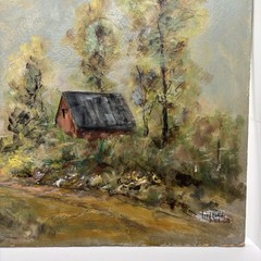Fred Hugo Oil On Board Painting Signed Landscape Barn House Road 12×16 In FLAWS
