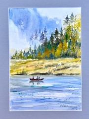 Original painting Landscape fishmen tree shore River forest Watercolor A4 Lake