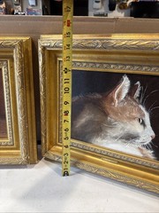 Two Real Oil On Canvas Paintings Art Signed Frames Feline Cat Kitty Wood Framed