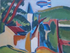 Blimp In Flight over a Village Fauvist/Expressionist Painting-60s-I.L. Winarsky