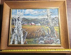 Framed Vintage Landscape Painting Autumn Farm Scene Trees Signed Impressionist