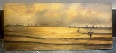 Fine Antique Vermont American School Tonalist Oil Painting Sunset Harbor Signed