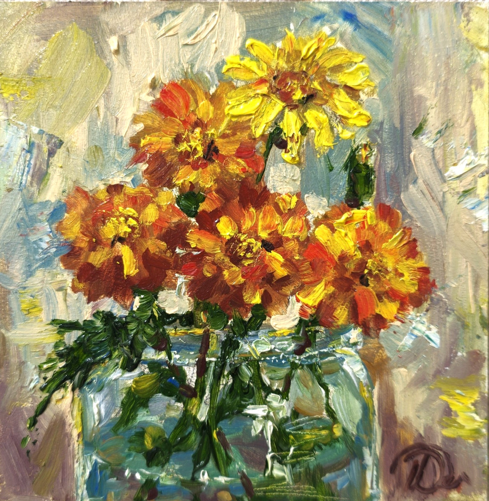 Original Oil Painting Marigolds in Jar 15x15cm Square Impasto Flower Art
