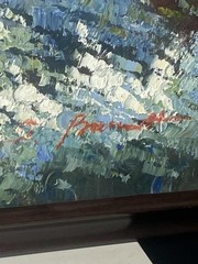 Signed oil on canvas abstract village scene art 26 1/2 x 22 1/2 inches