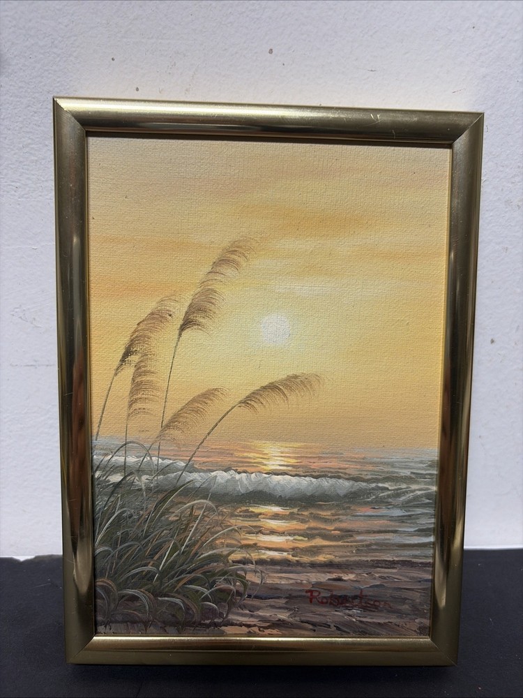 Robertson Signed Original Sunset Beach Oil Painting Mini Size 7”1/2 X 5”1/2