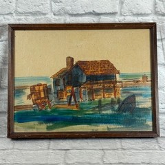 Vtg 1971 Coastal Watercolor Rustic Boat House Painting 13×17 Framed Signed AH