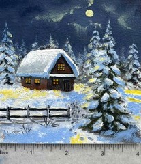 Winter Original Oil Painting Night Landscape House Forest Wall Art 4 x 4 in