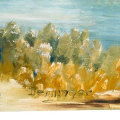 Oil Painting Wyoming Spring forest Lake mountains snow Signed Denninger 1966 Vtg