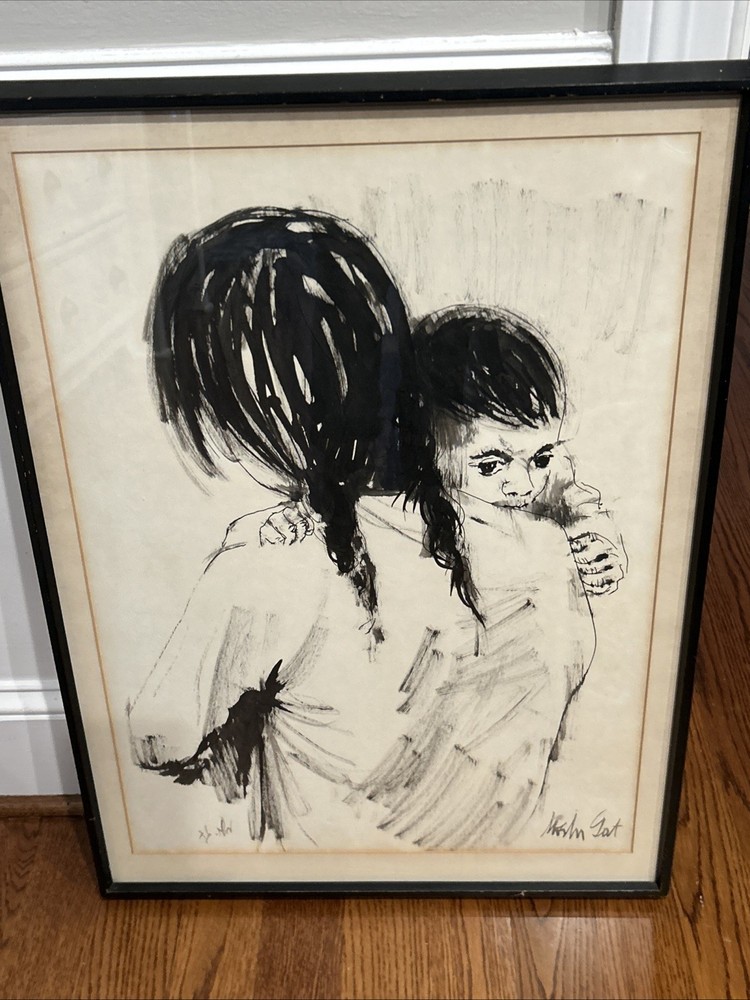ISRAELI ART MOSHE GAT WATERCOLOR MOTHER And CHILD Original