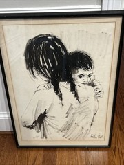 ISRAELI ART MOSHE GAT WATERCOLOR MOTHER And CHILD Original