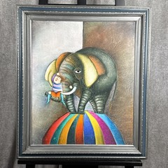 J. Roybal Signed „Elephant on Balloon with Child“ Canvas Brown Frame 24″ x 29″