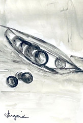 Guajardo Art: Sweet Peas Still Life 9X6 Original Paper Signed Realism Sumi-e