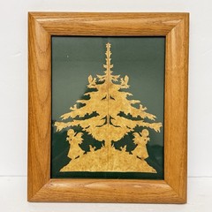 Vintage Framed Scherenschnitte Angels with Christmas Tree Folk Art Signed 70s