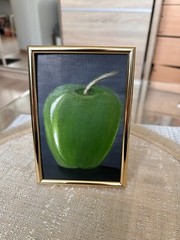Oil Painting Green Apple Still Life Fruit Food Nature Cardboard 15×10 cm 6×4 inc