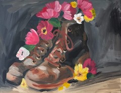 LEATHER BOOTS 14X11 ABSTRACT FLORAL ORIGINAL ART MODERN HOME