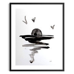 Original Abstract 9×12 Seascape Painting Ink Black White Wall Art Living Room