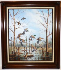 FABULOUS J. RICO MALLARDS GETTING READY TO LAND OIL PAINTING~26 1/2″ x 30 1/2″