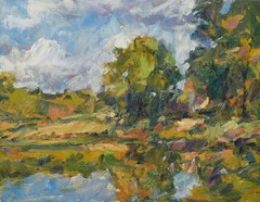 Art Orig. Oil Painting by RM Mortensen „Riverside“ Lake Sky Trees Nature