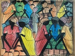 Signed JAMES Vintage on Cloth Canvas Art Painting HAITI Women in Market 8×10 in