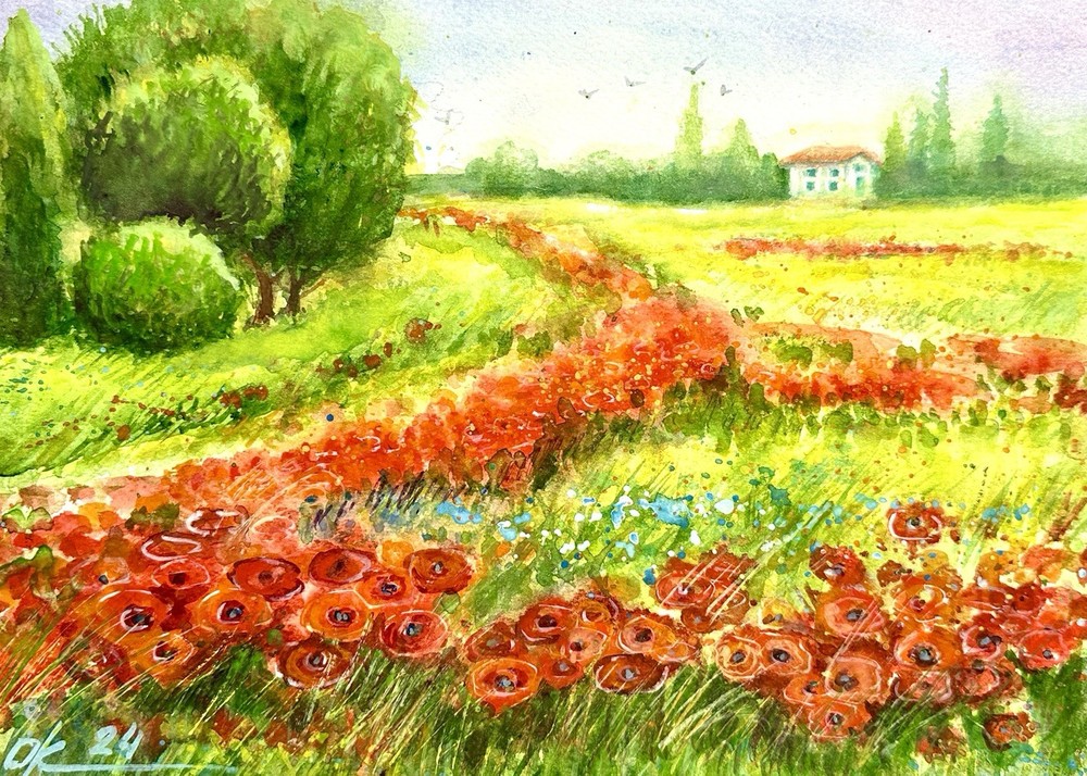 Original Watercolor Painting Landscape poppy field Provence farm red flowers A4