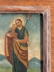 19th Century Retablo Religious Art Mexican Oil on Tin Painting Holy Family