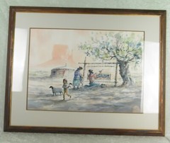 Paul Kuo Watercolor Painting Navajo Weavers Landscape Boy Sheep 31×39 in Framed