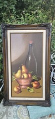 Vintage Oil Painting Still Life Fruit, Wine Copper Bowl Framed Brown Background