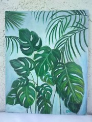 Original Acrylic Painting 8 x 10 Canvas Panel Monstera Leaves Palm Tropical Art
