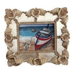 Red and White Rowboat on Sandy Shore – Mini Coastal print in ornate gold frame